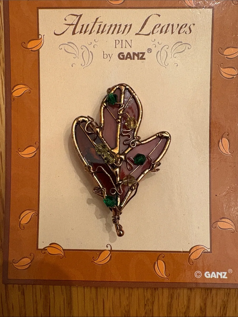 GANZ Autumn Leaves Enamel Pins in Rust & Cream with Green Accents